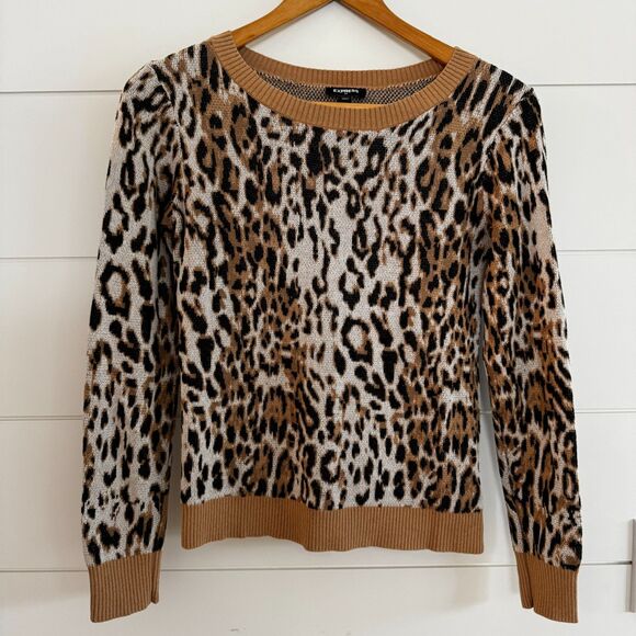 Express Women's XS Fitted Crewneck Sweater Leopard Print Soft Stretchy Tan Black - Picture 2 of 14
